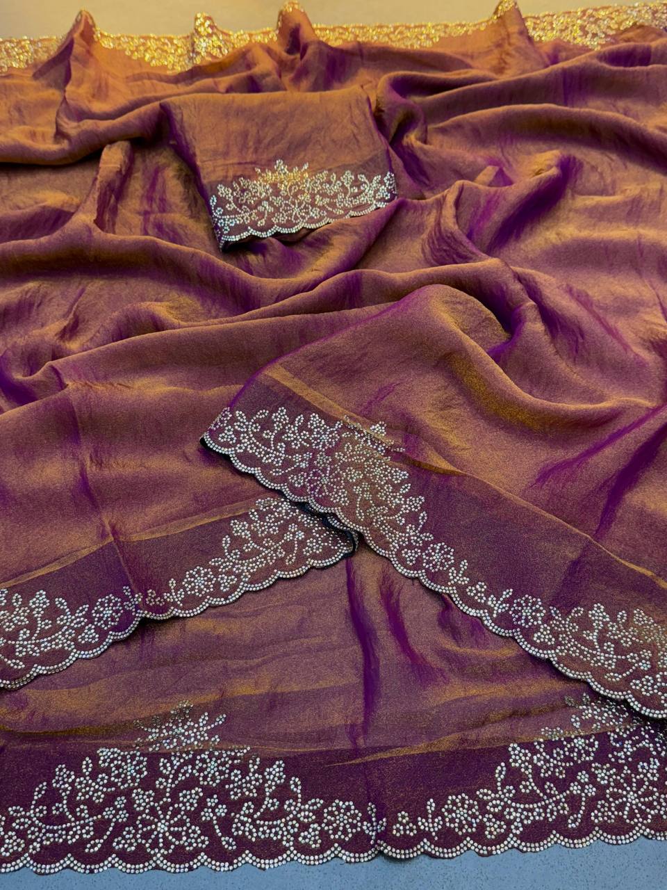 Magenta Two Tone Golden Moss Fendy Space Silk Saree
