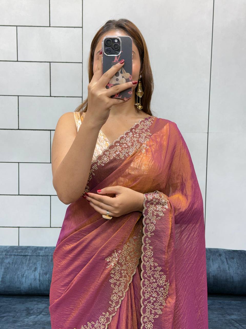 Magenta Two Tone Golden Moss Fendy Space Silk Saree