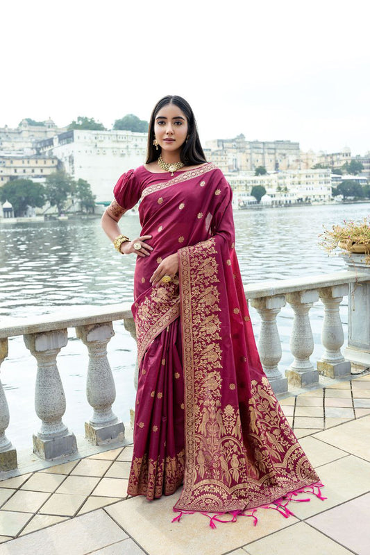 Magenta Wedding Wear Soft Silk Saree