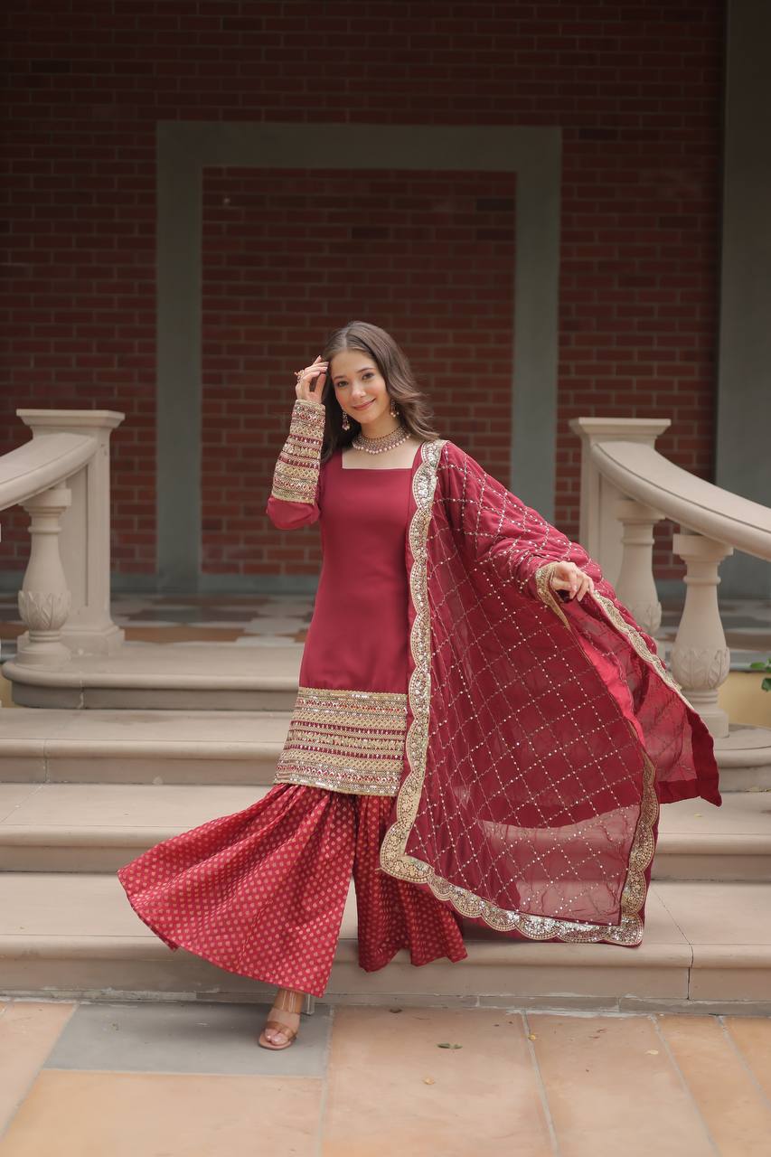 Maroon Designer Readymade Top-sharara-dupatta