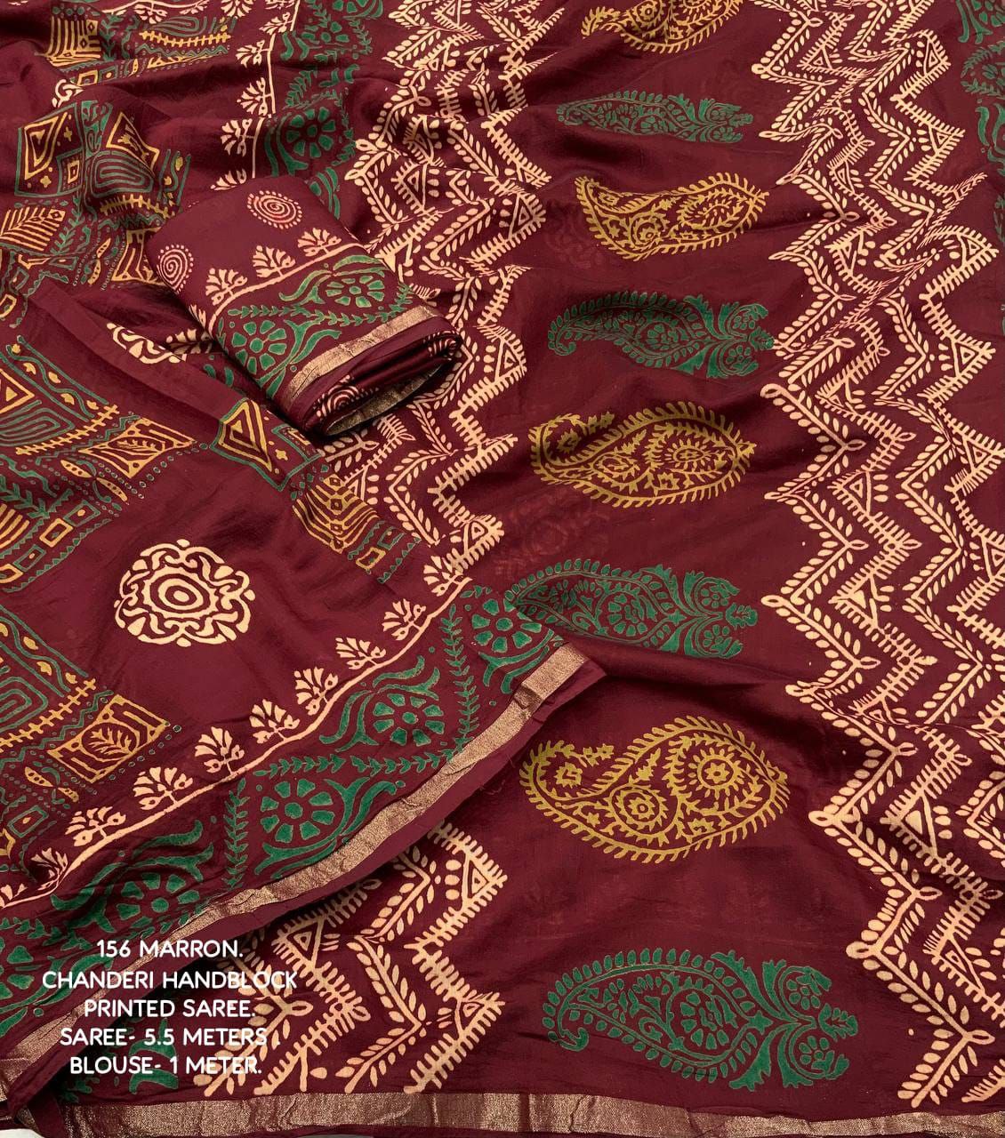 Maroon Block Printed Chanderi Cotton Saree