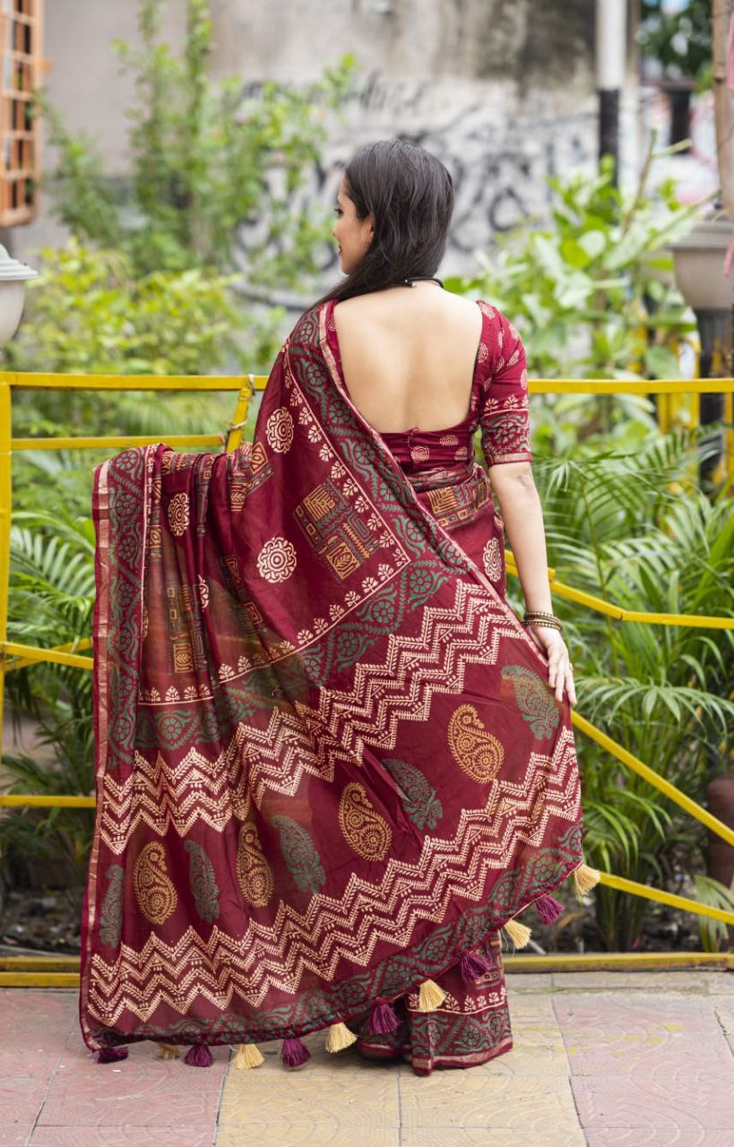 Maroon Block Printed Chanderi Cotton Saree