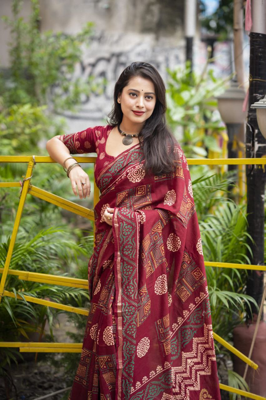 Maroon Block Printed Chanderi Cotton Saree