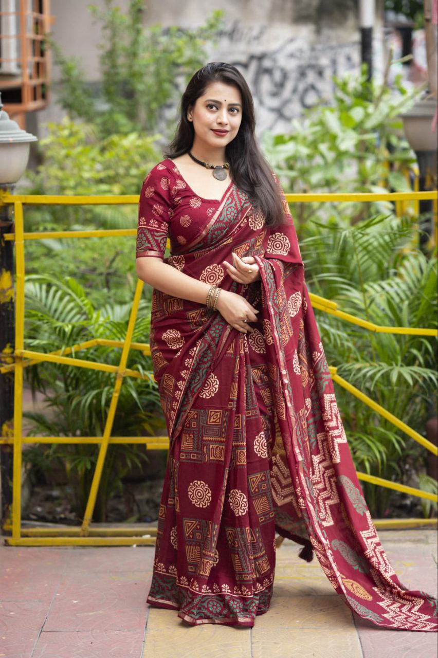 Maroon Block Printed Chanderi Cotton Saree