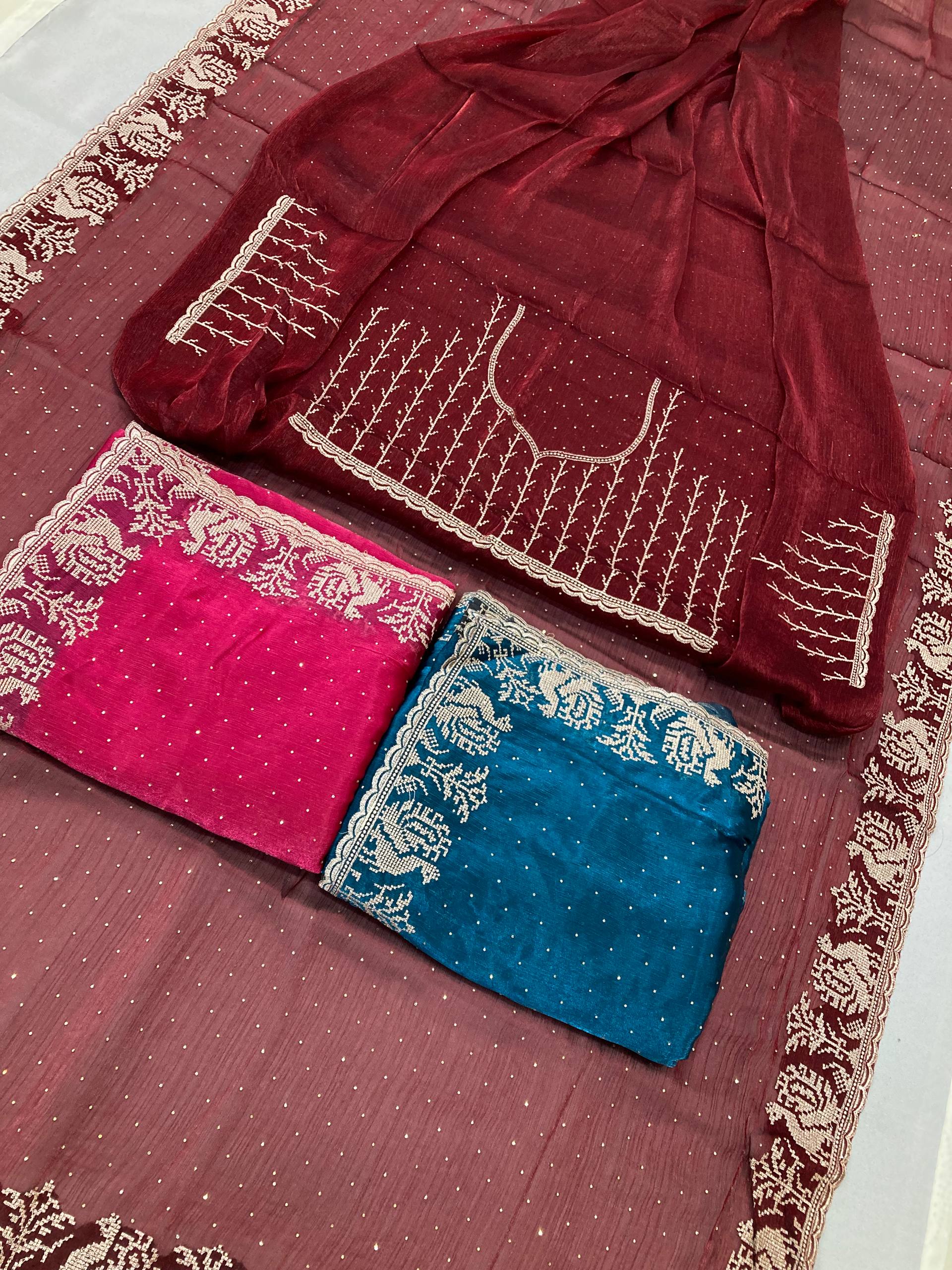 Deep Sea Blue Designer Fandy Chiffon Silk Saree