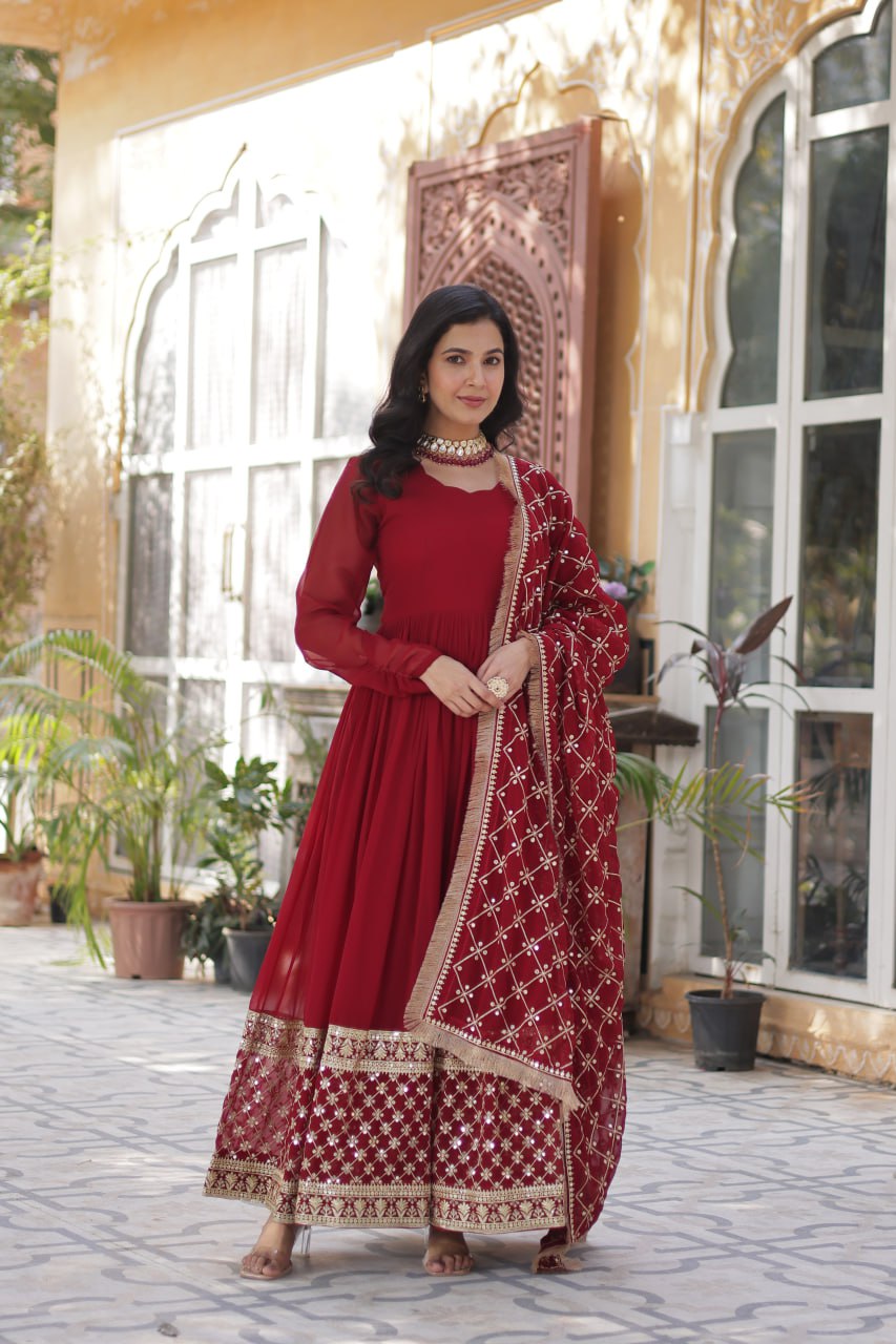 Maroon Designer Georgette Gown With Dupatta