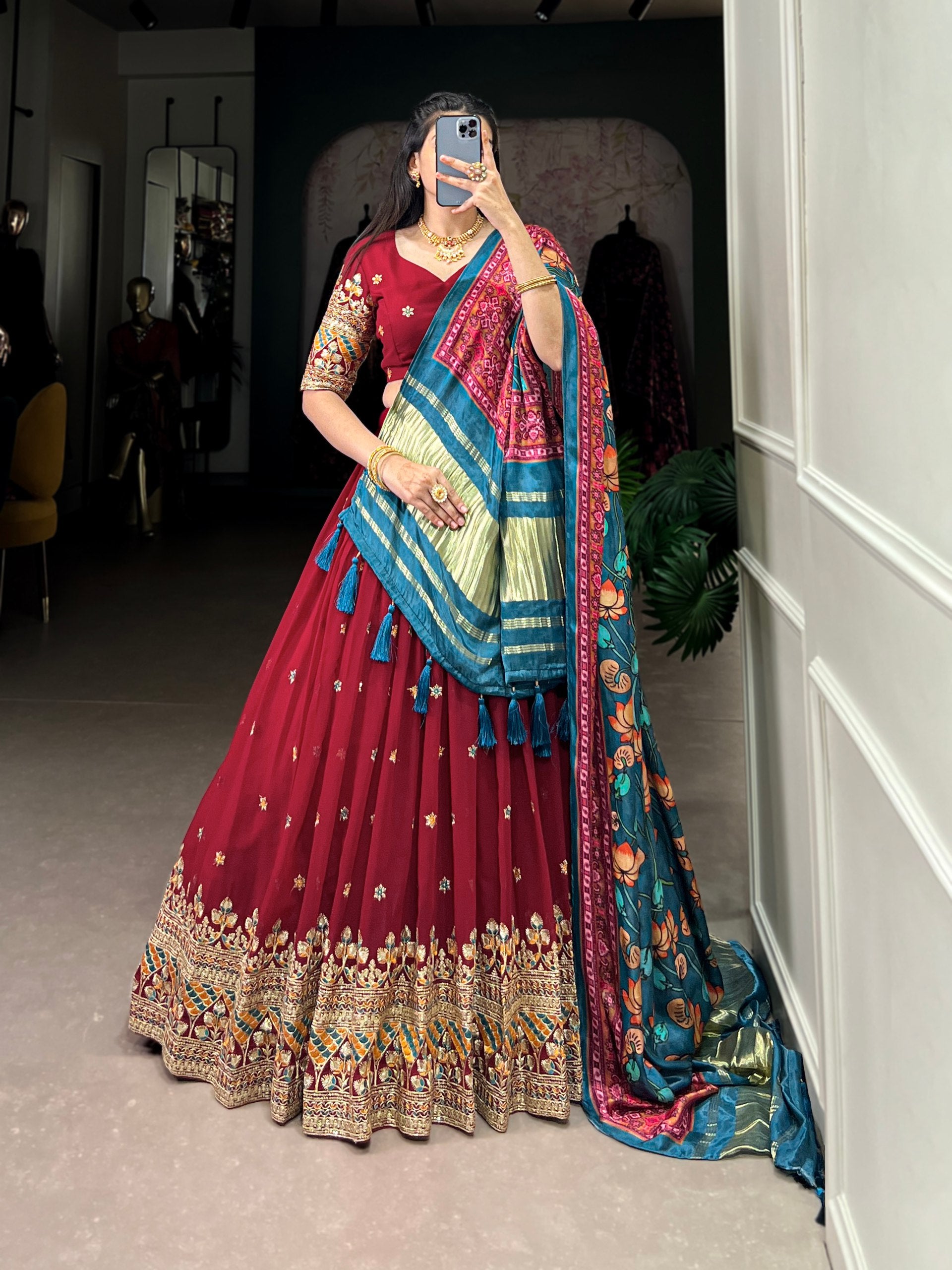 Maroon Georgette Lehenga With Gajji SIlk Dupatta