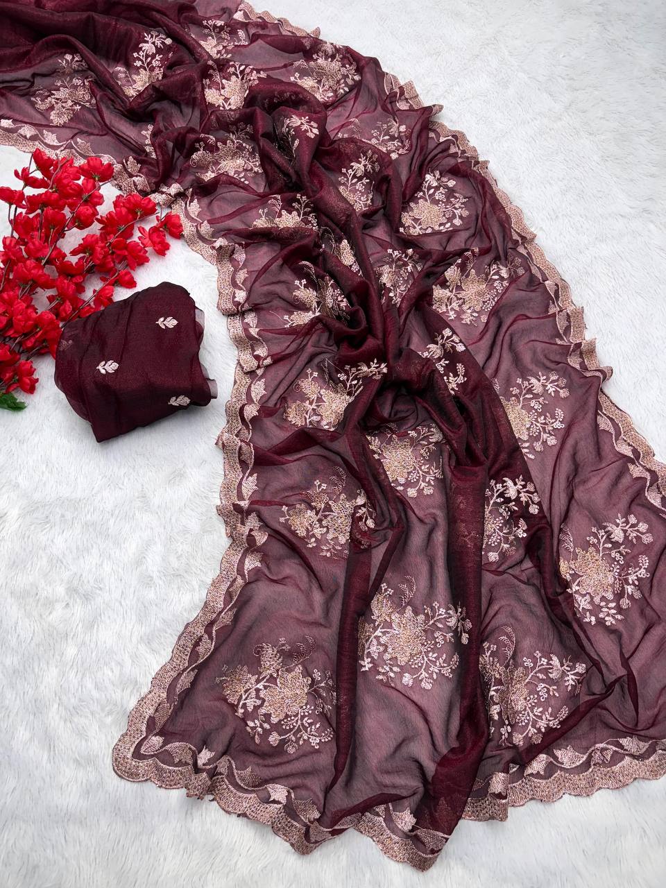 Maroon Party Wear Floral Embroidered Organza Saree