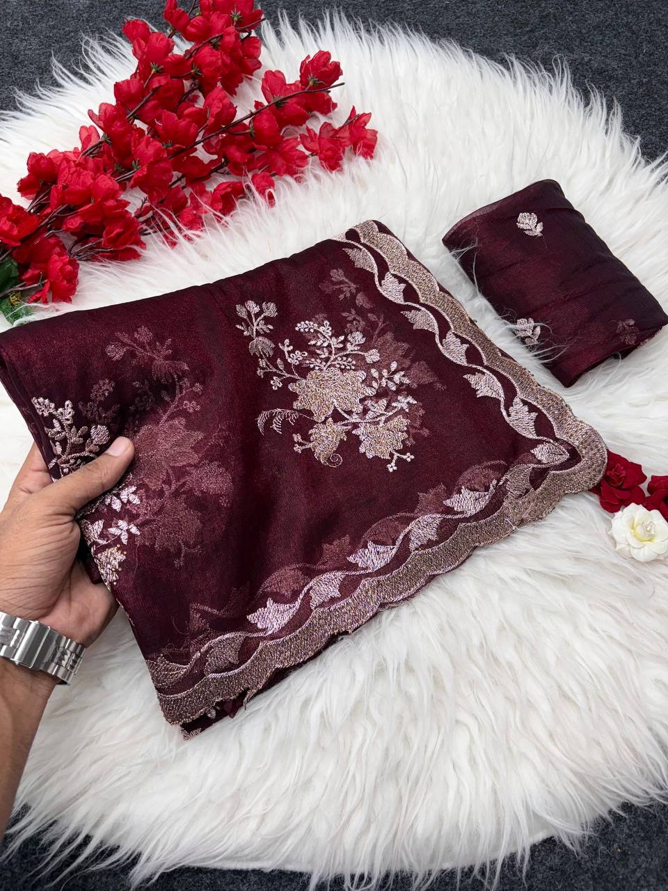 Maroon Party Wear Floral Embroidered Organza Saree