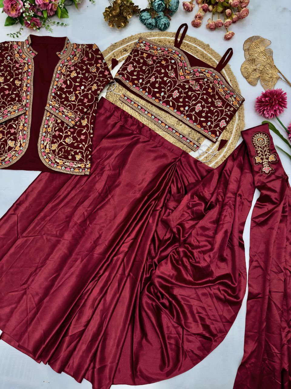 Maroon Ready To Wear Diamond Satin Silk Saree