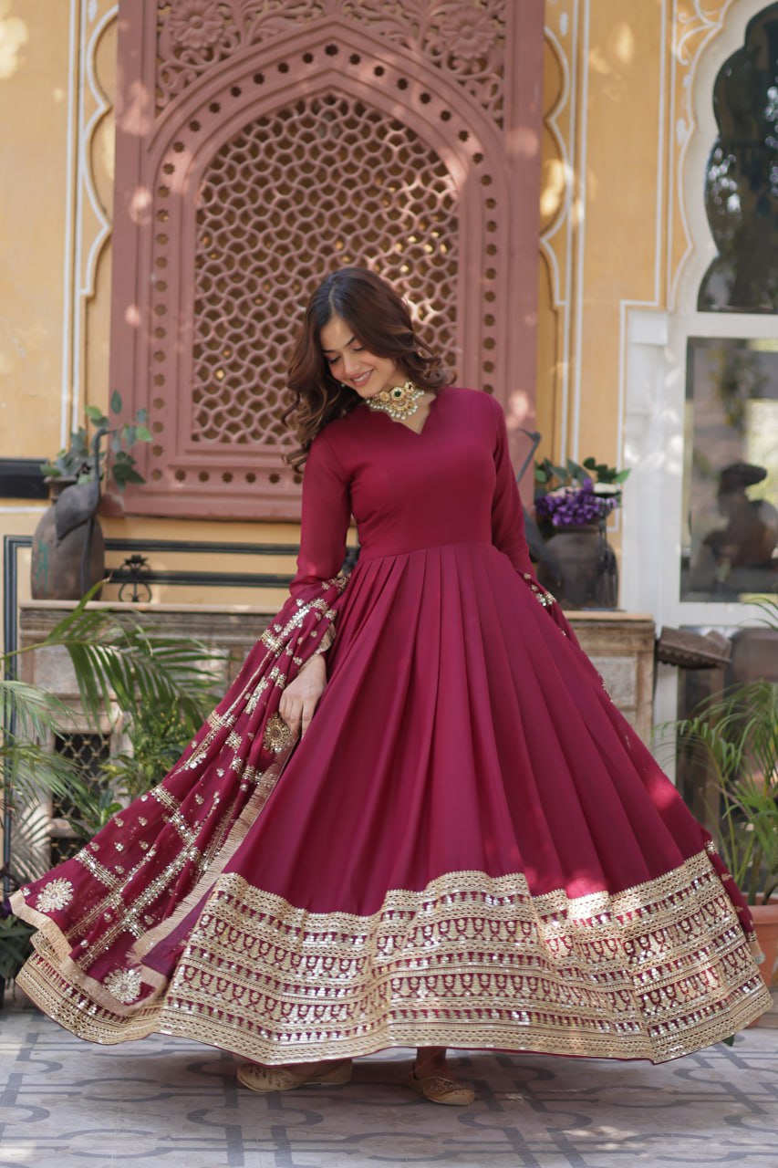 Maroon Traditional Indian Gown Dress With Dupatta