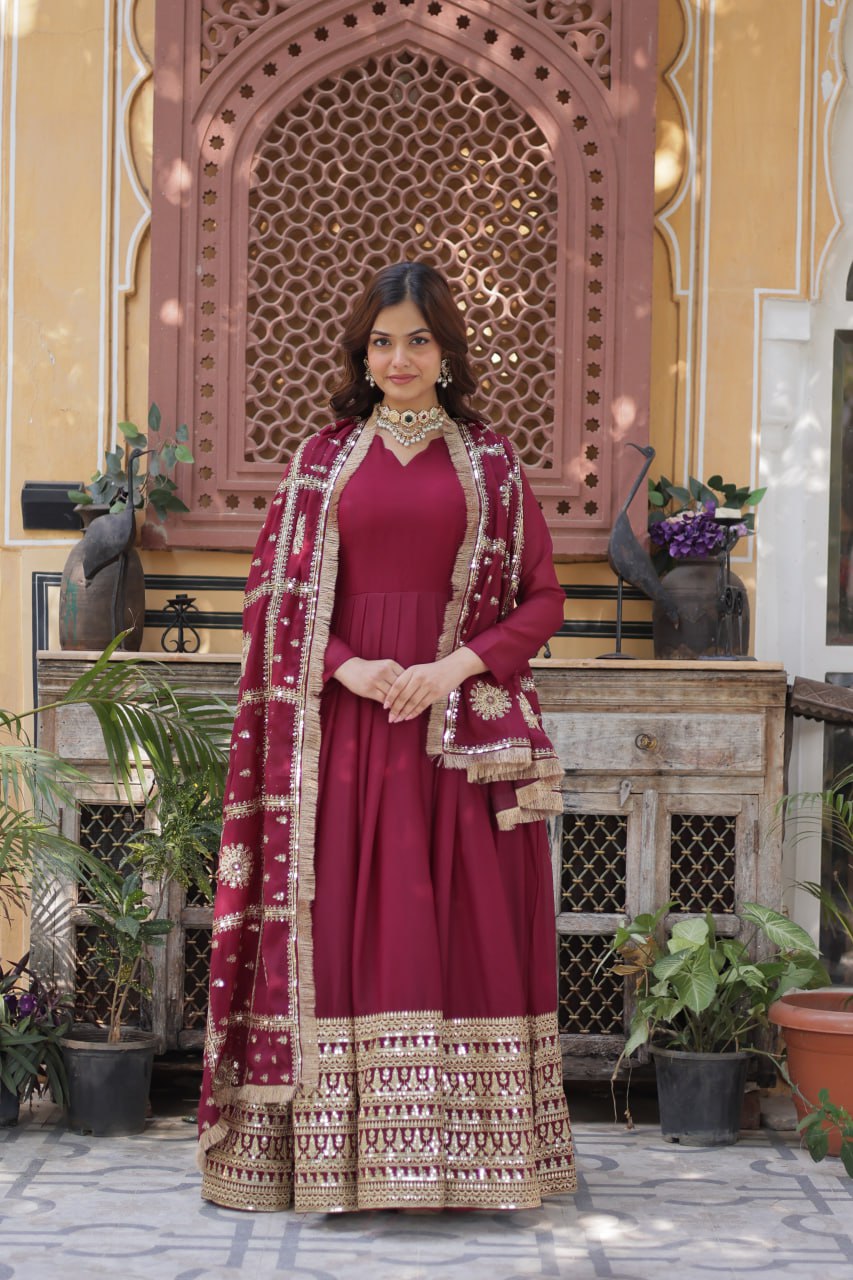 Maroon Traditional Indian Gown Dress With Dupatta