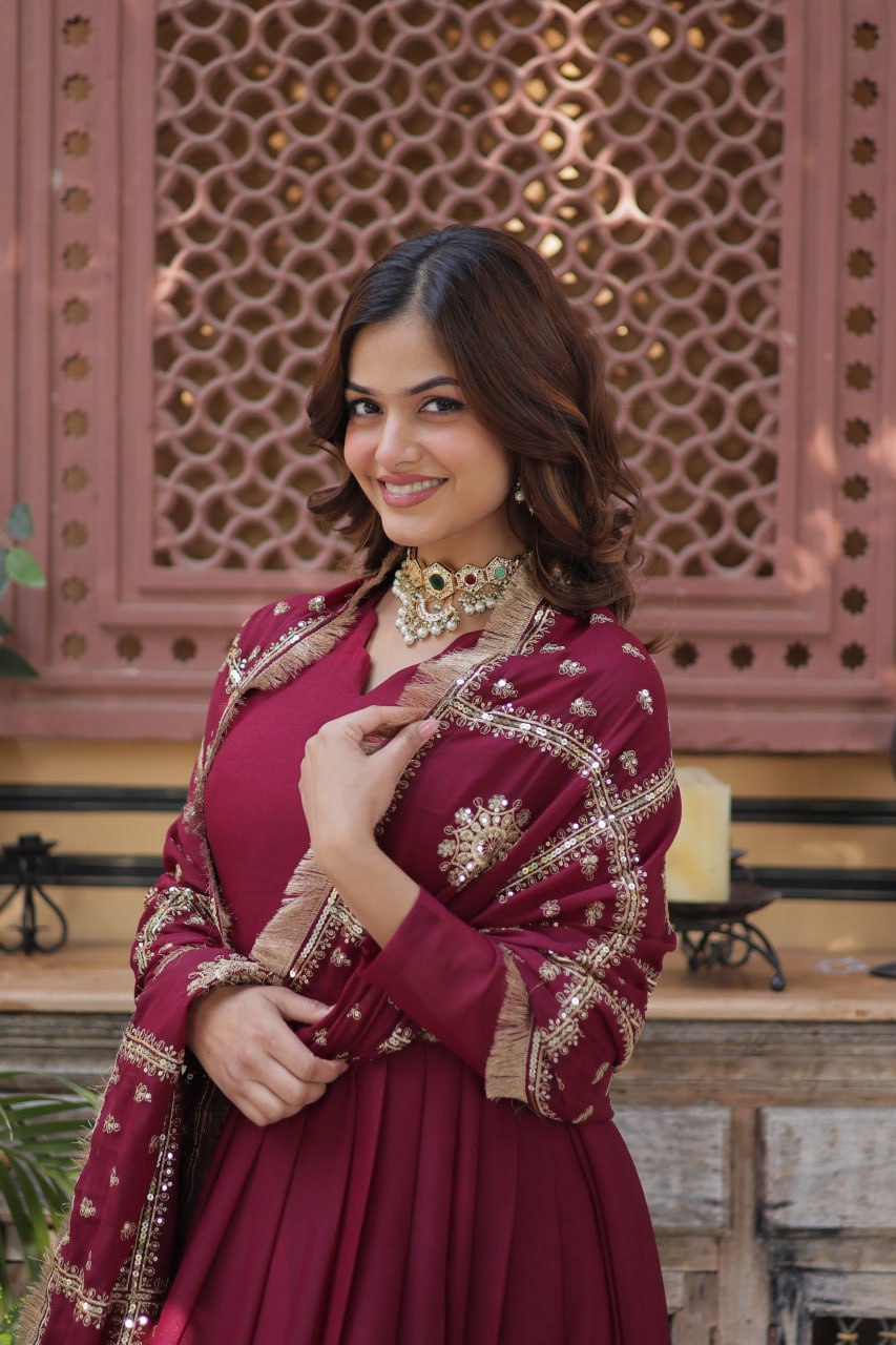 Maroon Traditional Indian Gown Dress With Dupatta