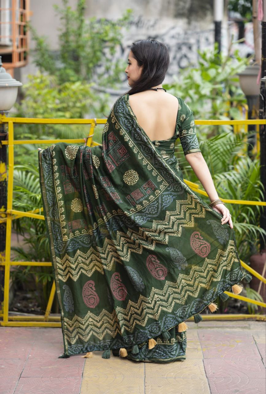 Mehendi Block Printed Chanderi Cotton Saree