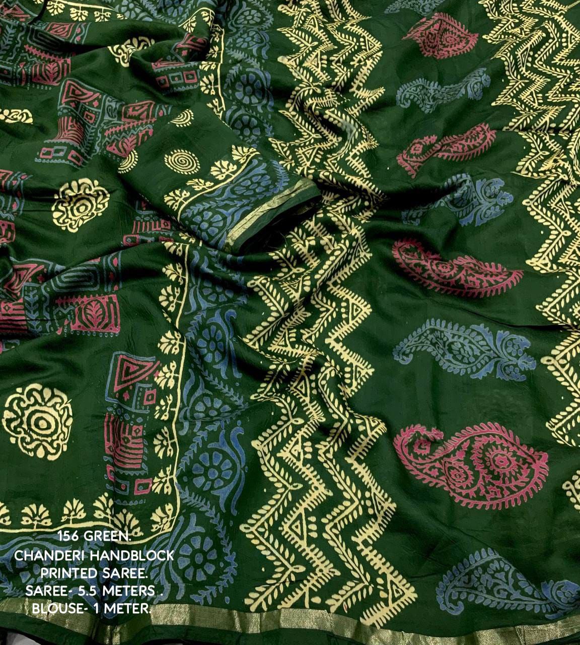 Mehendi Block Printed Chanderi Cotton Saree