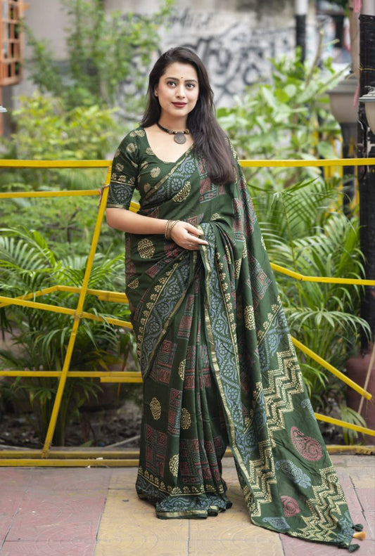 Mehendi Block Printed Chanderi Cotton Saree