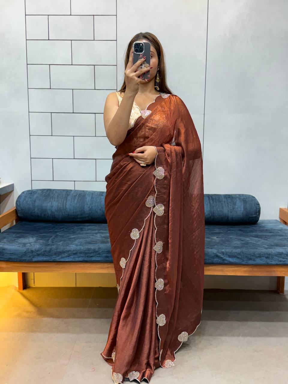 Metalic Copper Diamond Work Space Silk Saree