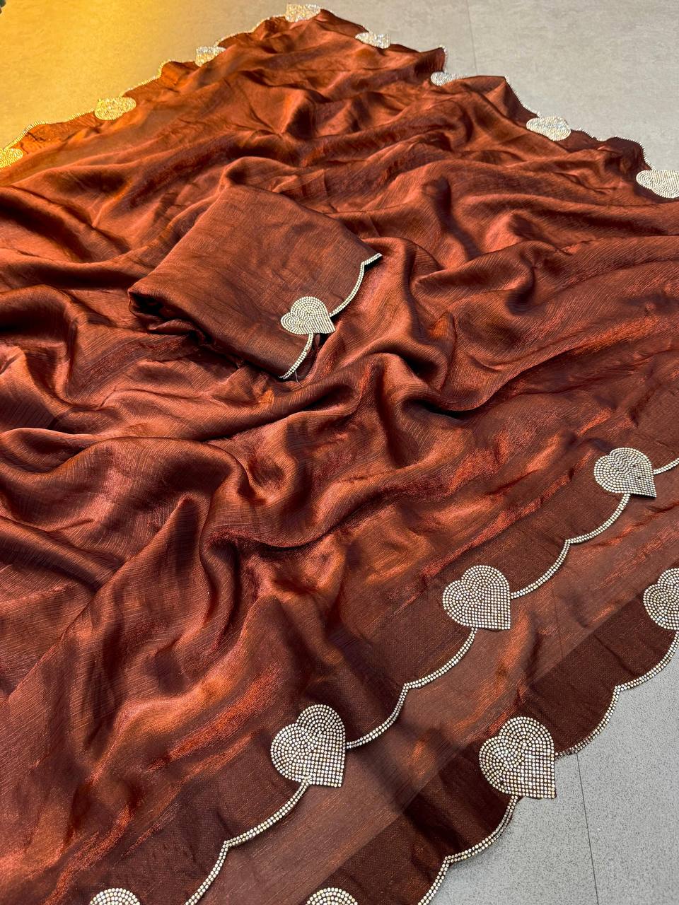 Metalic Copper Diamond Work Space Silk Saree