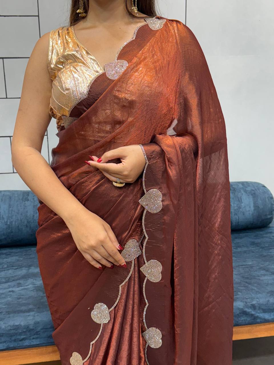 Metalic Copper Diamond Work Space Silk Saree