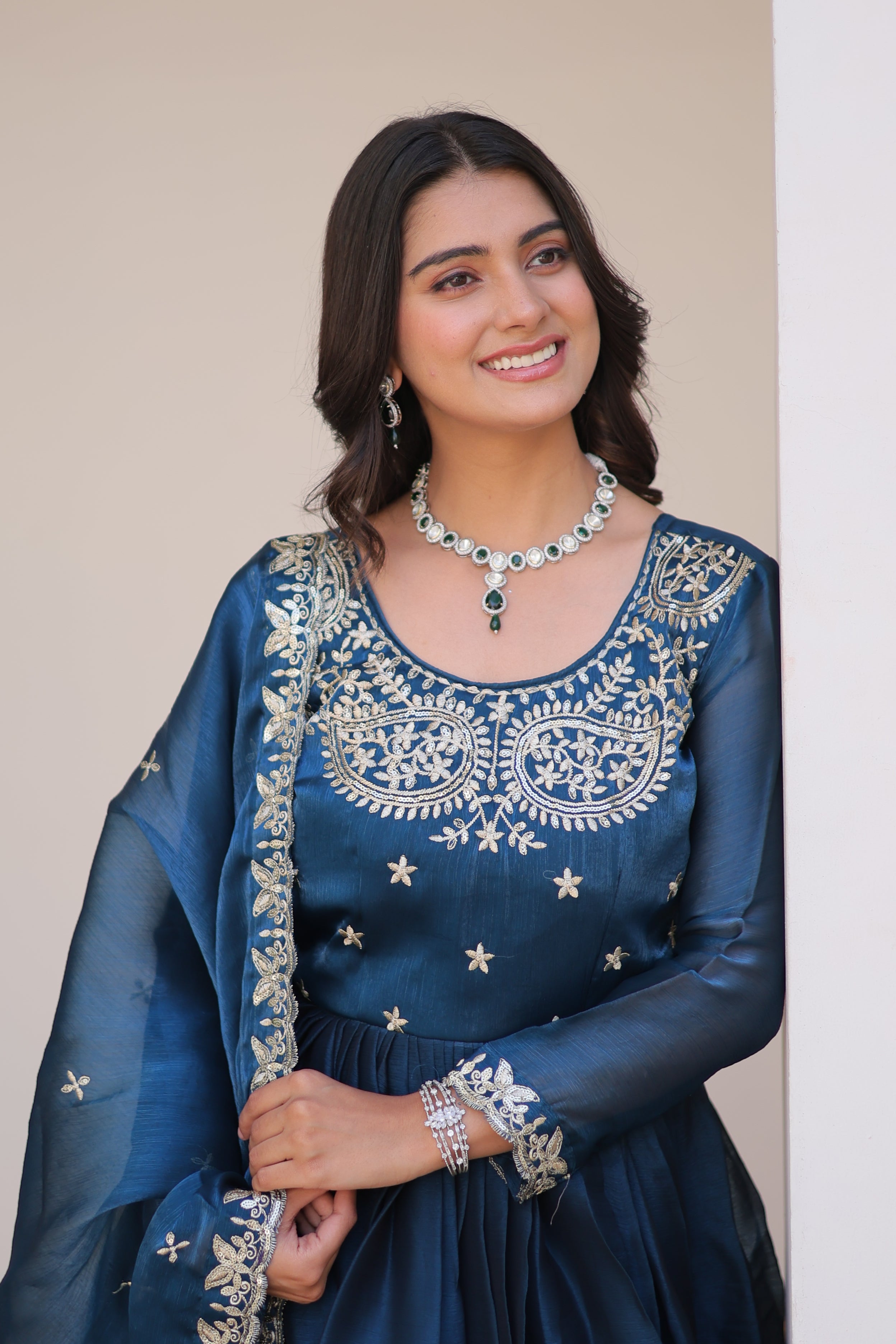 Midnight Blue Designer Burberry Silk Gown Dress With Dupatta