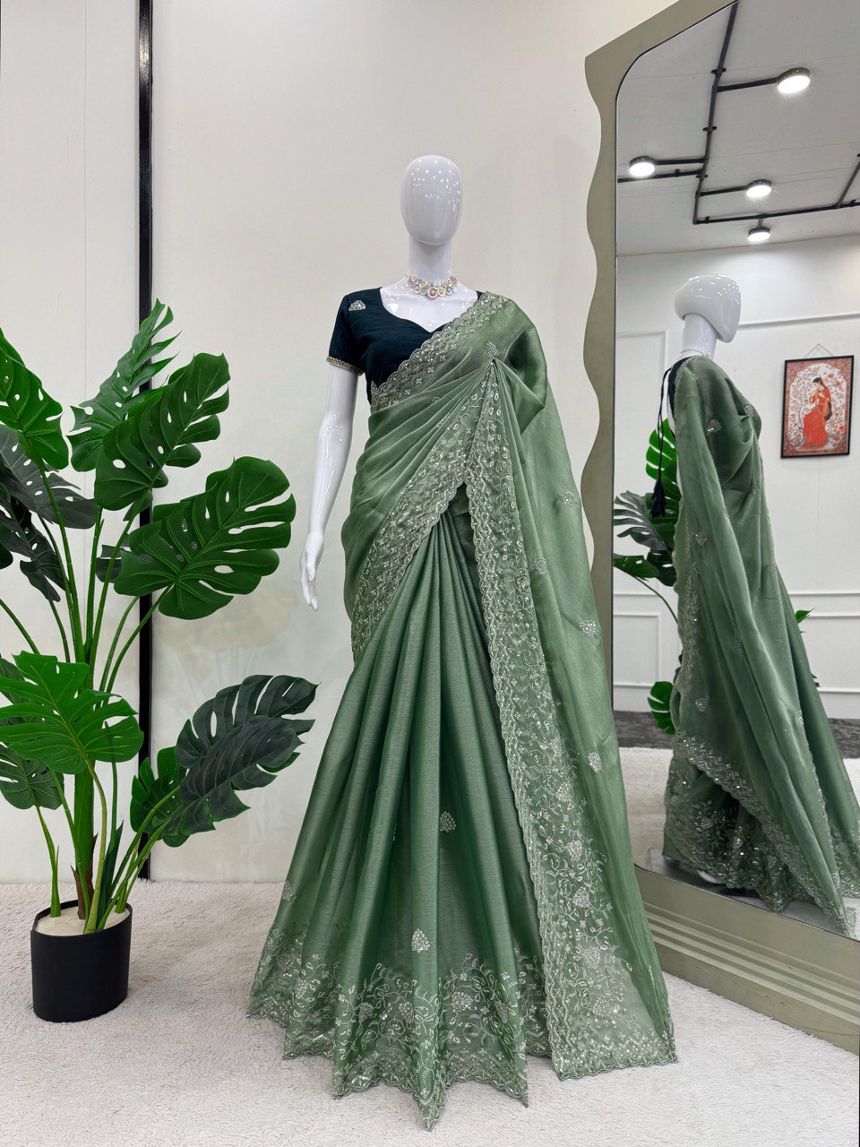 Mineral Green Burberry Silk Saree