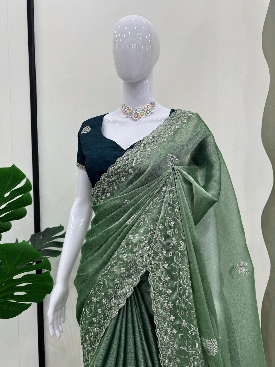 Mineral Green Burberry Silk Saree