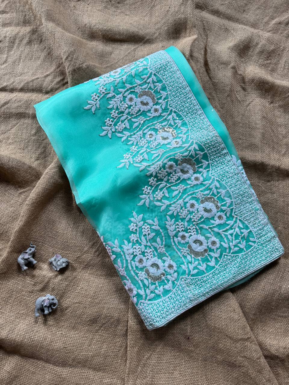 Mint Designer Organza Silk Saree