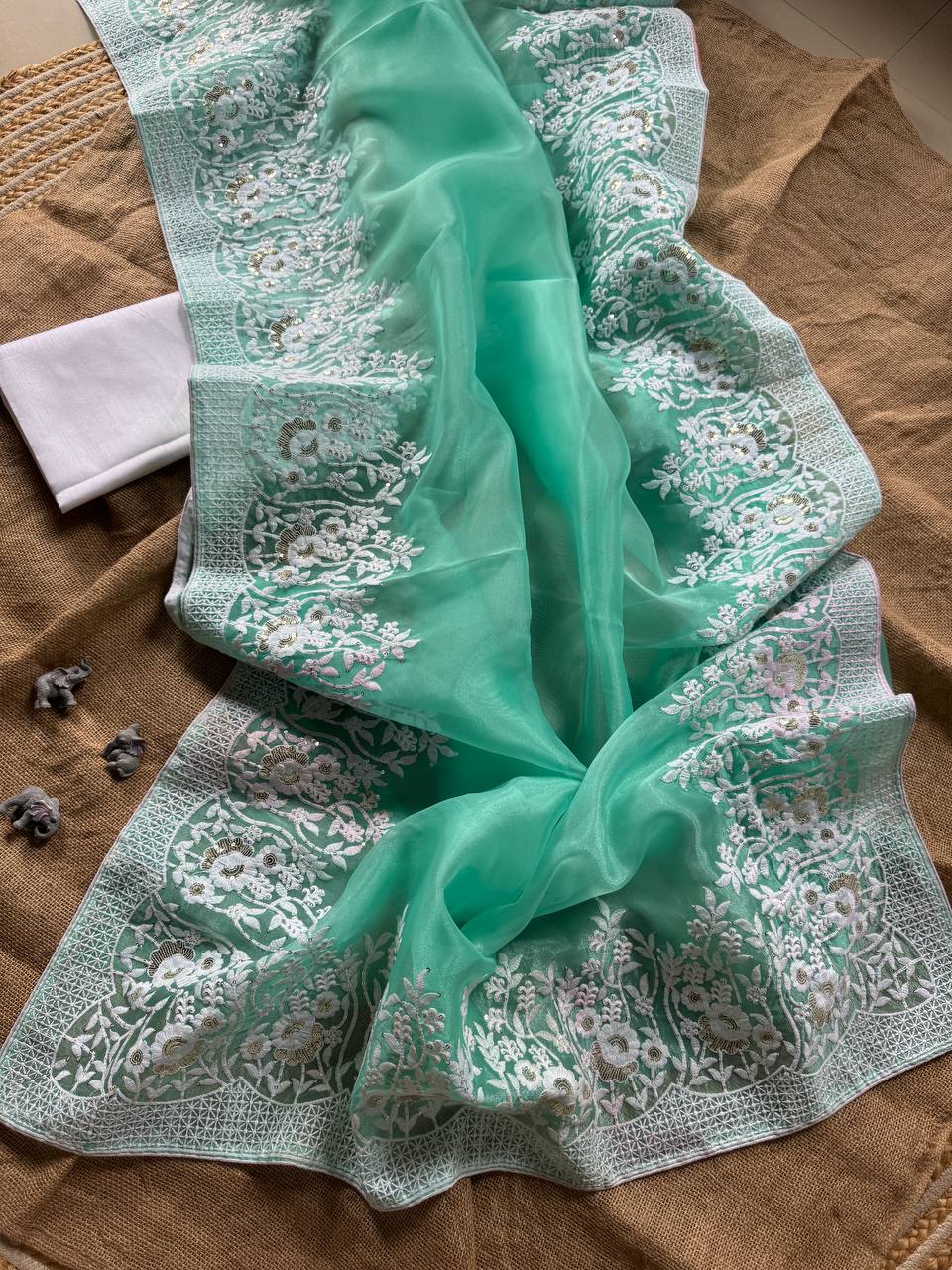 Mint Designer Organza Silk Saree