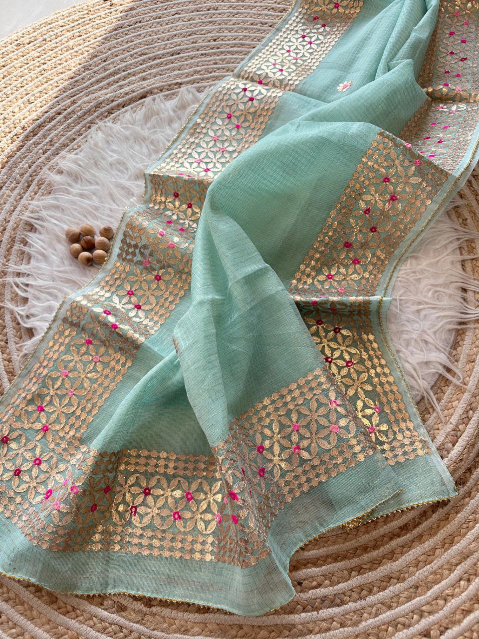 Moonstone Blue Designer Kota Doriya Saree