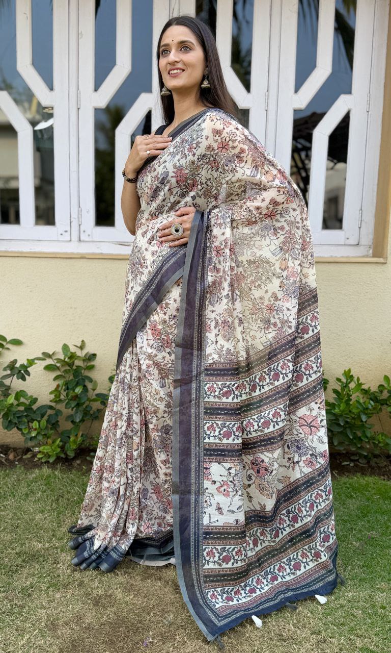 MultiColor Digital Printed Chanderi Slub Cotton Saree
