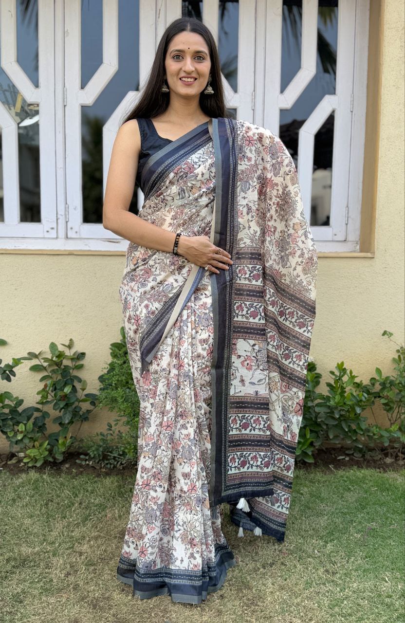 MultiColor Digital Printed Chanderi Slub Cotton Saree