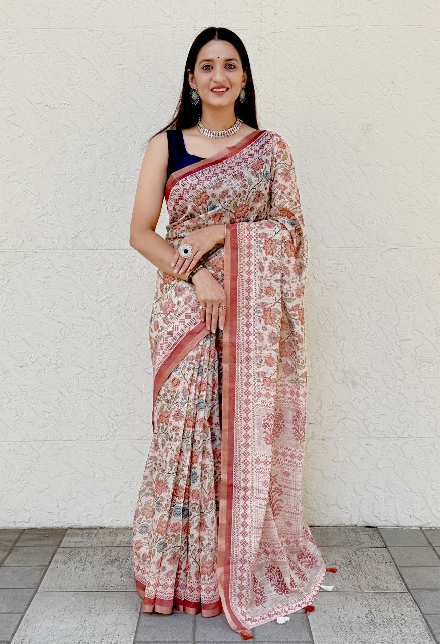 MultiColor Digital Printed Chanderi Slub Cotton Saree