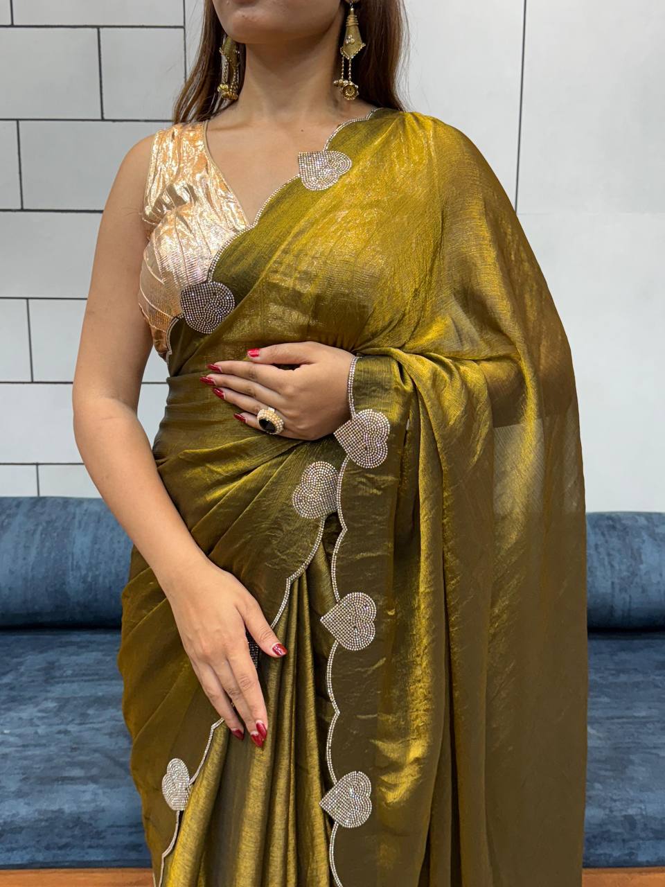 Mustard Brown Diamond Work Space Silk Saree