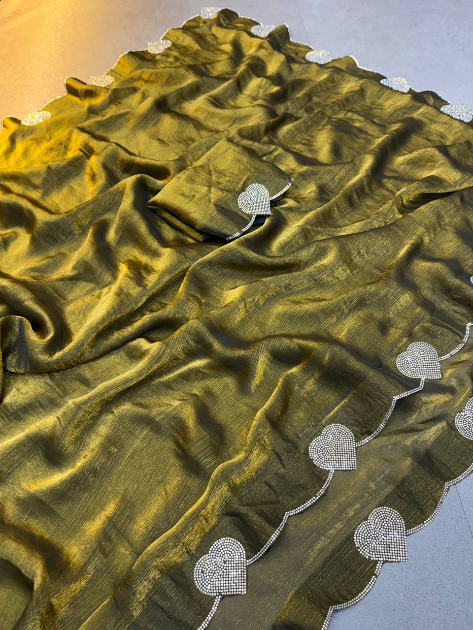 Mustard Brown Diamond Work Space Silk Saree