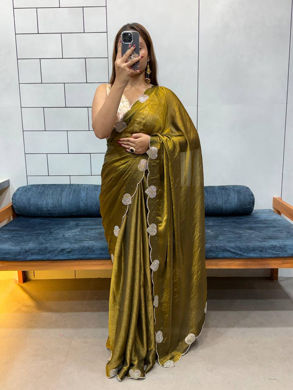 Mustard Brown Diamond Work Space Silk Saree