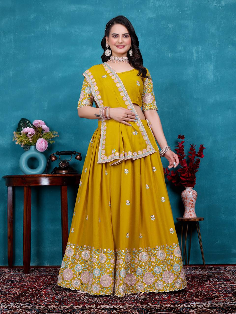 Mustard Designer Georgette Lehenga