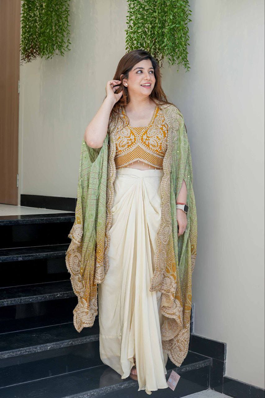 Mustard Designer Indo-Western Draped Saree Set
