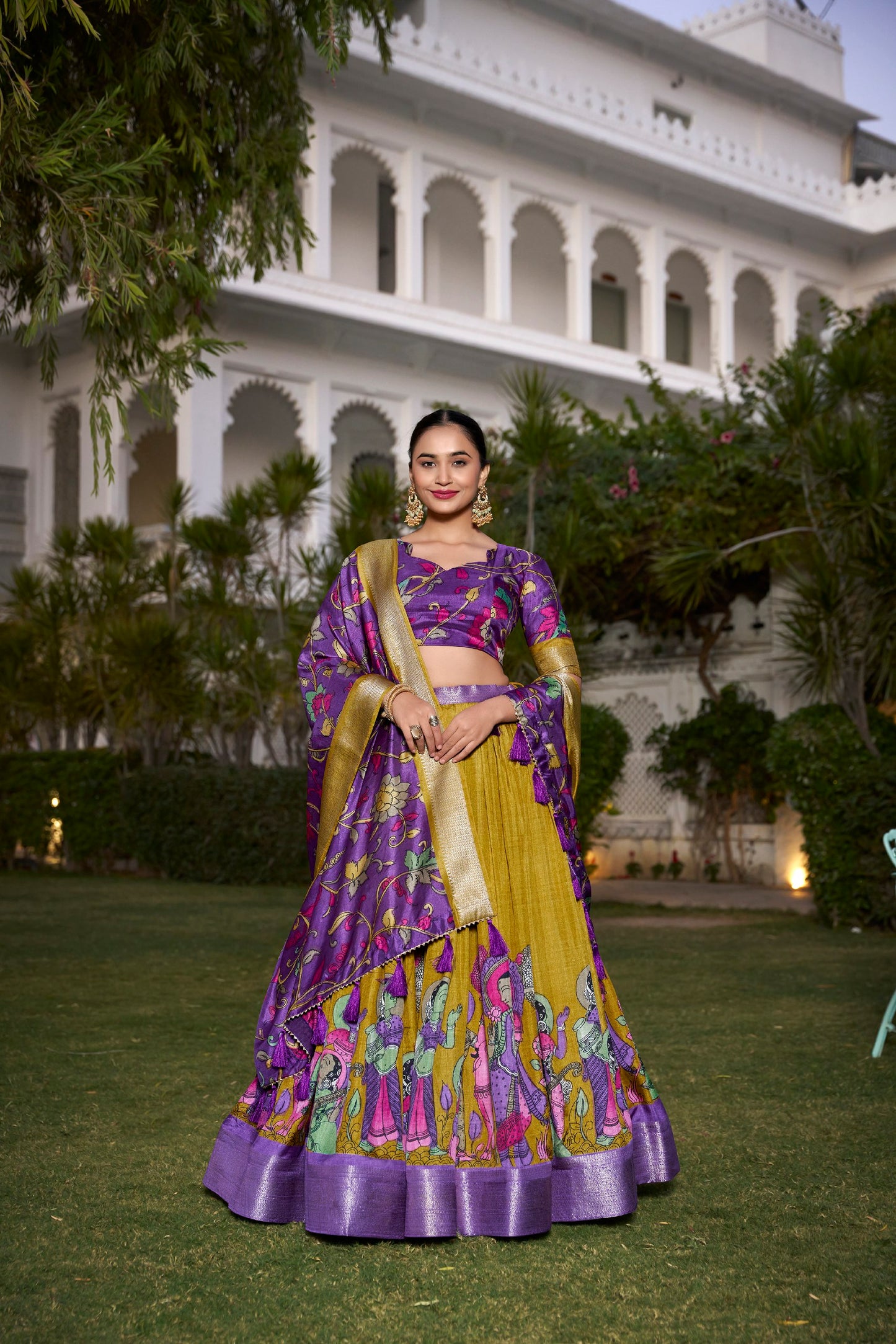 Mustard Kalamkari Printed Dola Silk Lehenga