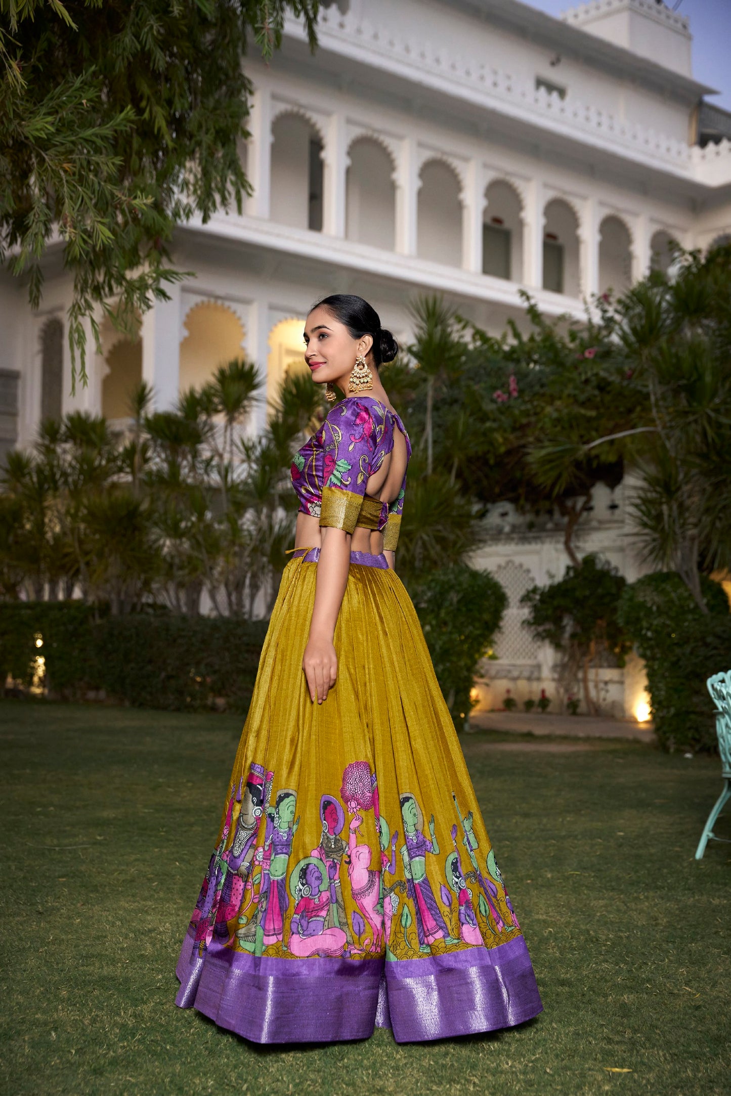 Mustard Kalamkari Printed Dola Silk Lehenga