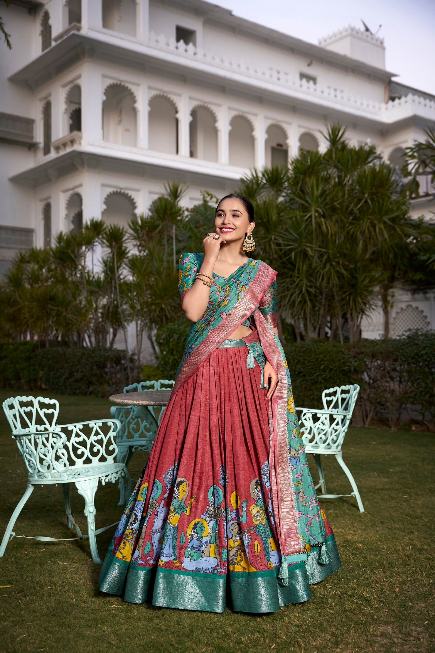 Salmon Kalamkari Printed Dola Silk Lehenga