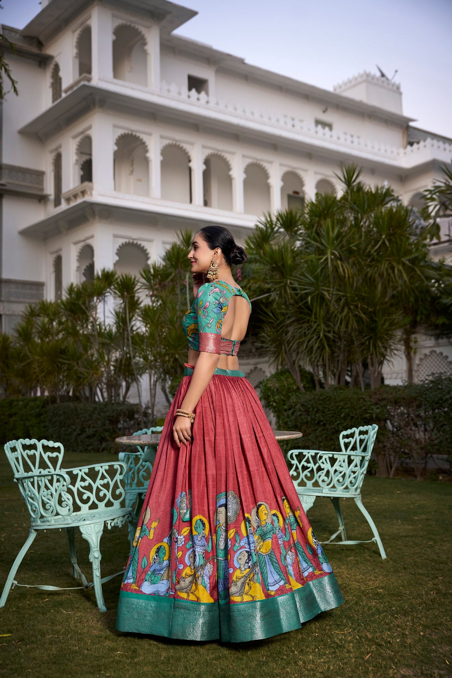 Salmon Kalamkari Printed Dola Silk Lehenga