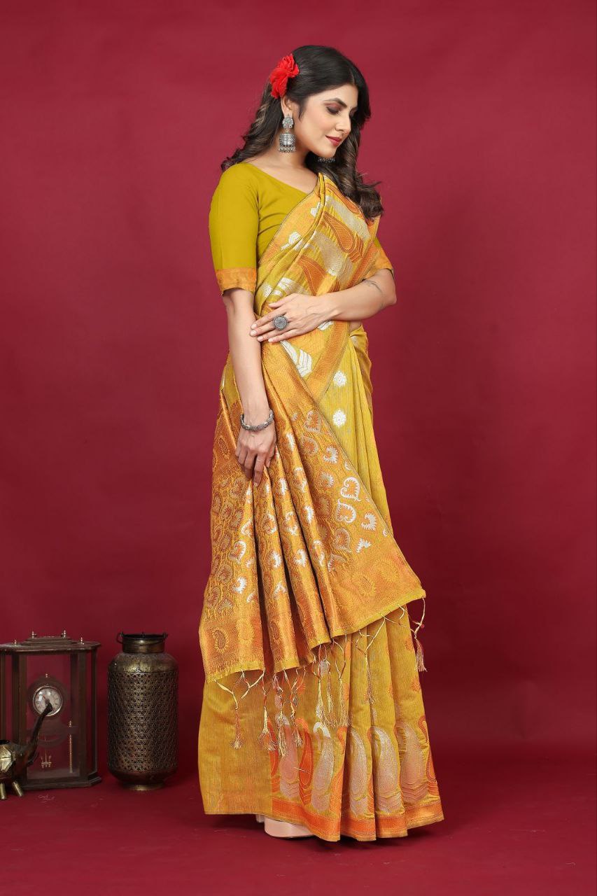 Mustard Pure Linen Silk Saree