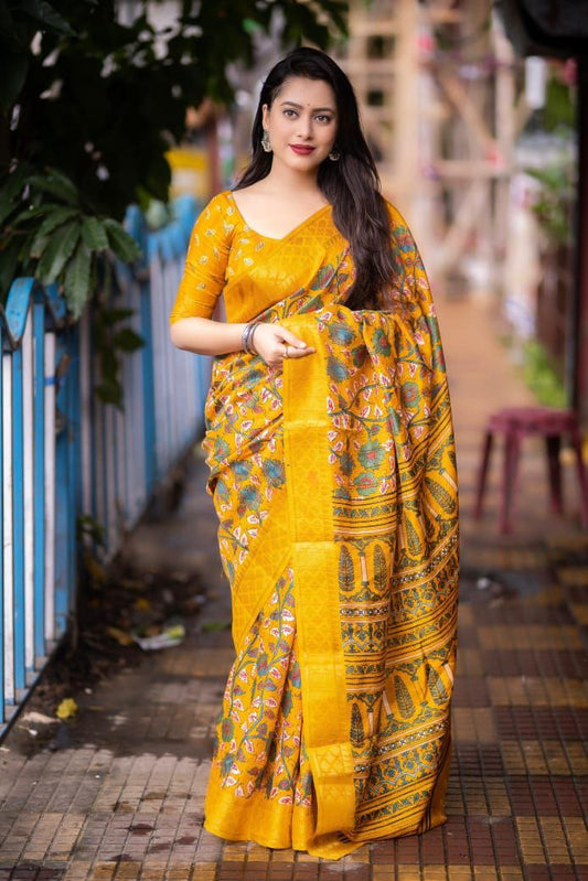 Mustard Slub Silk Kalamkari Printed Saree