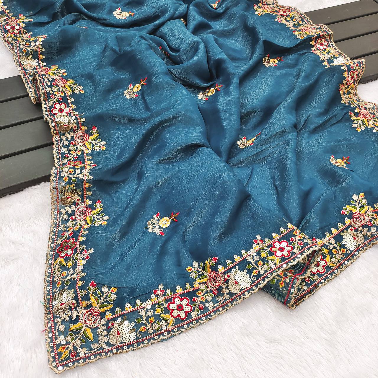 Muted Blue Designer Cunchy Silk Saree