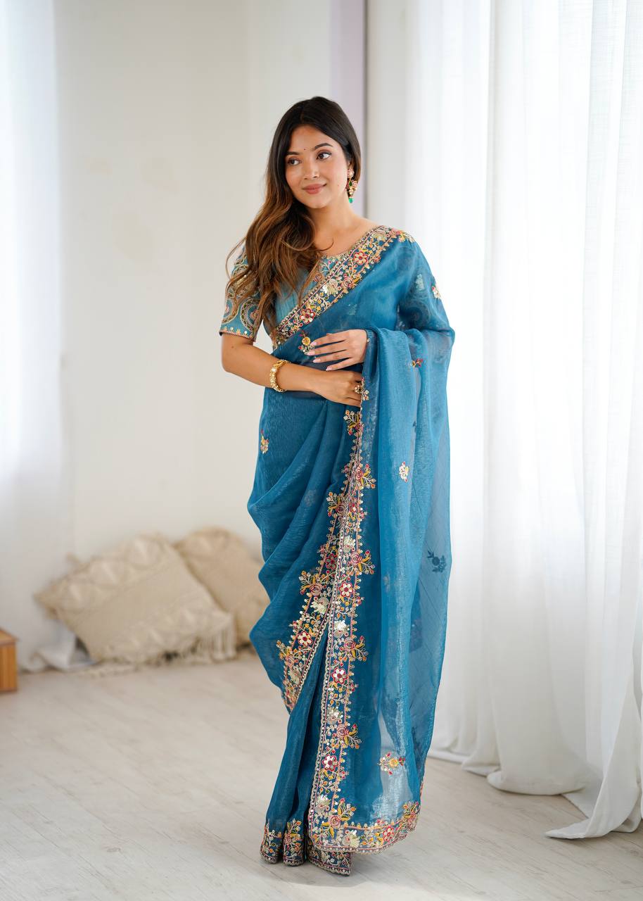 Muted Blue Designer Cunchy Silk Saree