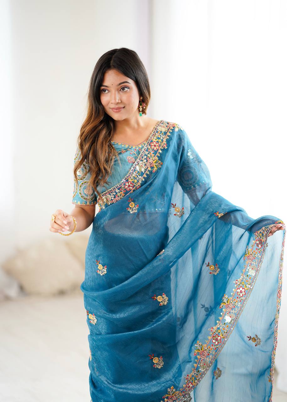 Muted Blue Designer Cunchy Silk Saree