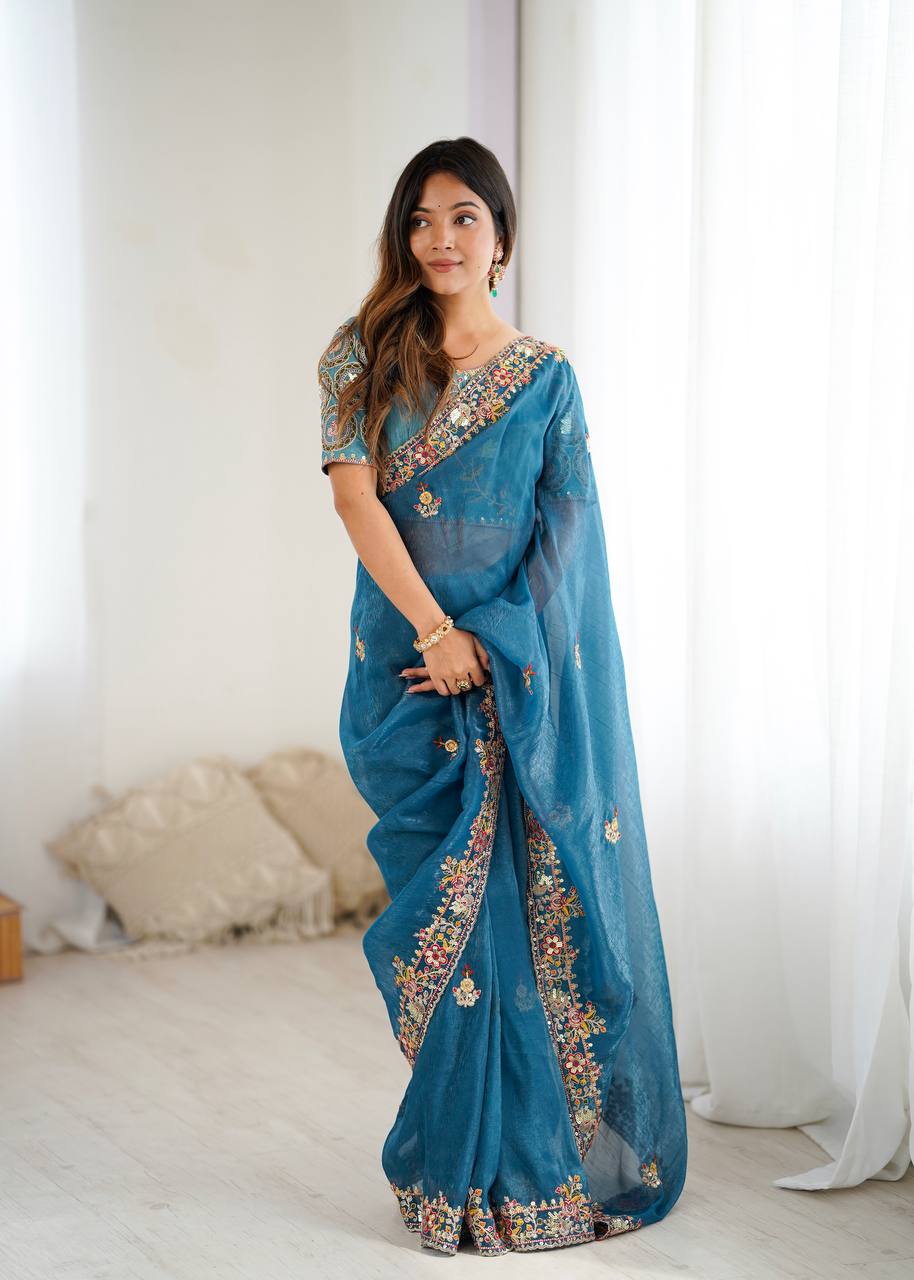 Muted Blue Designer Cunchy Silk Saree