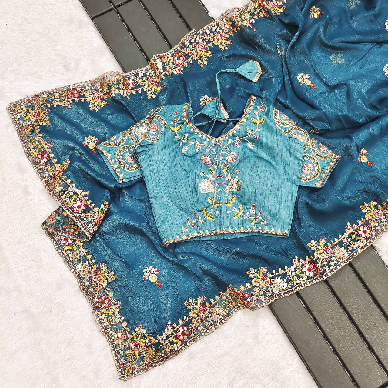 Muted Blue Designer Cunchy Silk Saree