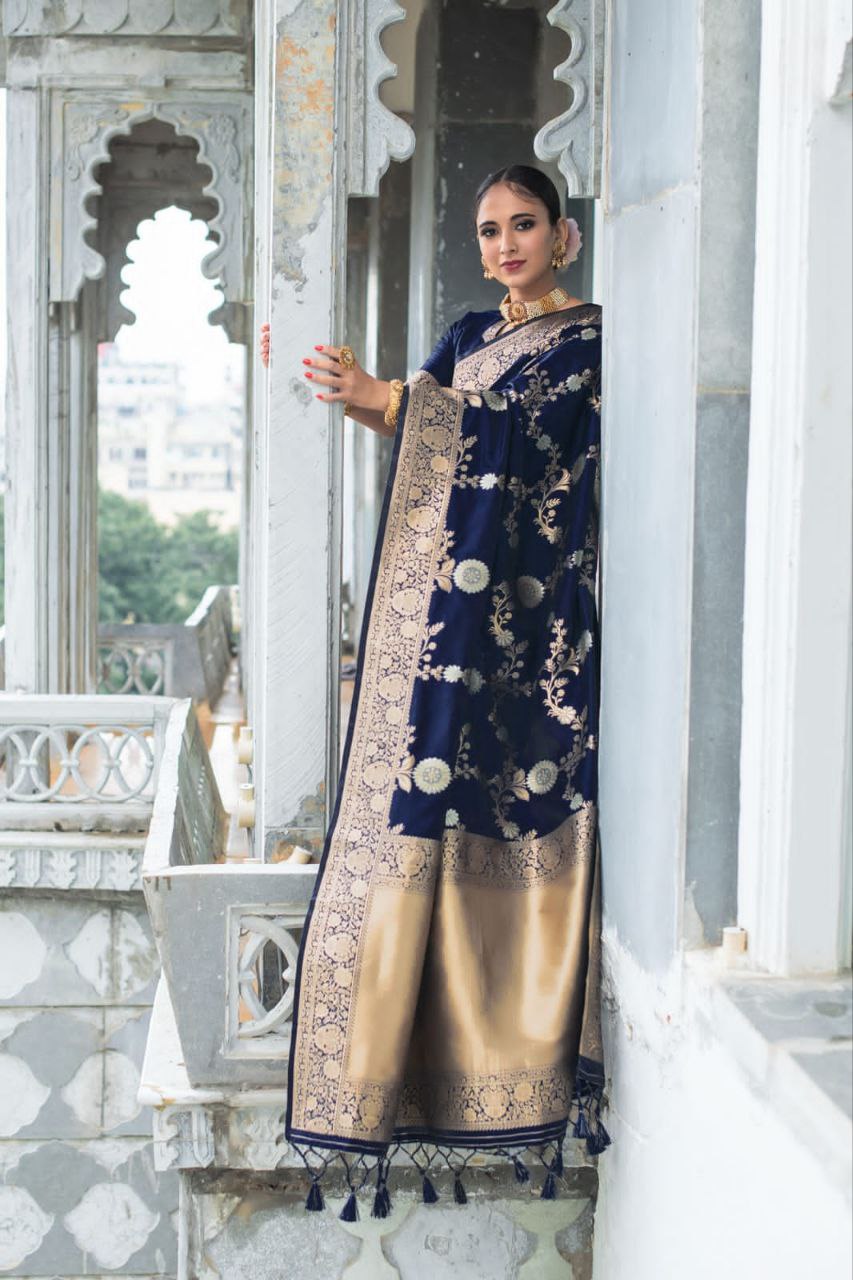 Navy Banarasi Katan Silk Saree