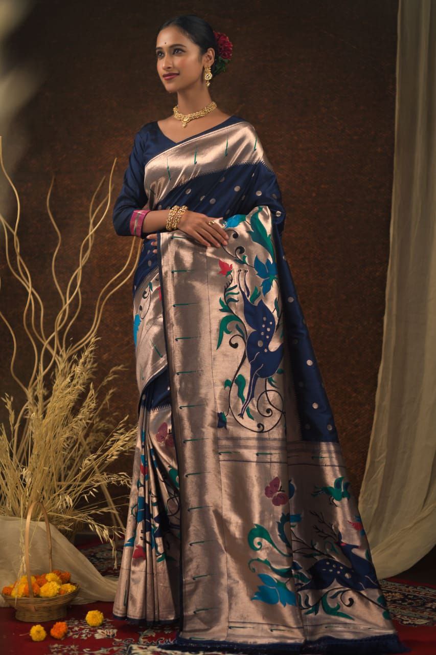 Navy Banarasi Soft Silk Paithani Saree